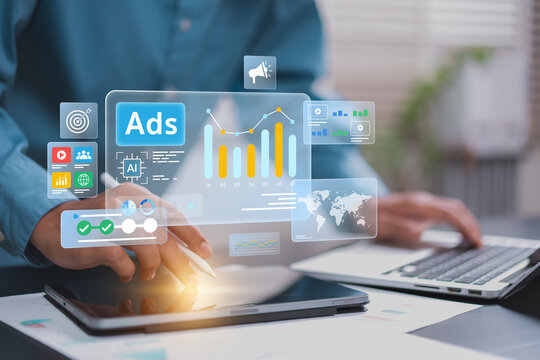 Digital Advertising Analytics and AI Marketing Campaign Performance Dashboard with Business Professional Using Tablet and Laptop to Monitor Advertising Data, Marketing Charts and Campaign Results