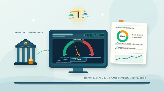 2D flat vector editorial motion graphic of central bank monetary policy, precision interest rate gauge pivot, CPI inflation balance scale, and economic soft landing.