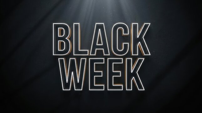 Bold 3D black week lettering glowing dramatically against dark textured background with subtle light rays