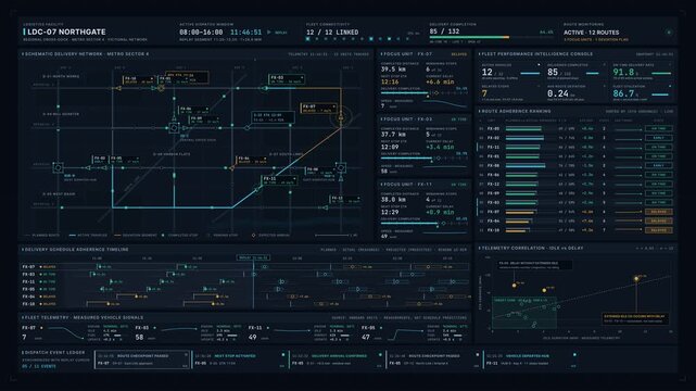 Premium dark fleet intelligence dashboard animation tracking vehicle telemetry, delivery schedules, and route adherence on a schematic map. for commercial creative technology and business use.