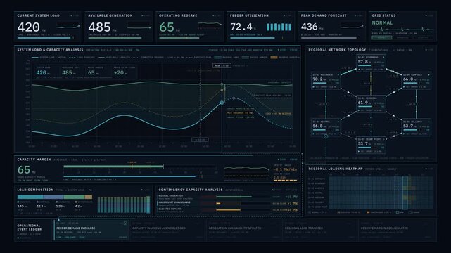 Sophisticated smart grid operations dashboard animation showing electricity load curves, capacity margins, regional network topology, and real-time power system stability metrics in dark utility.