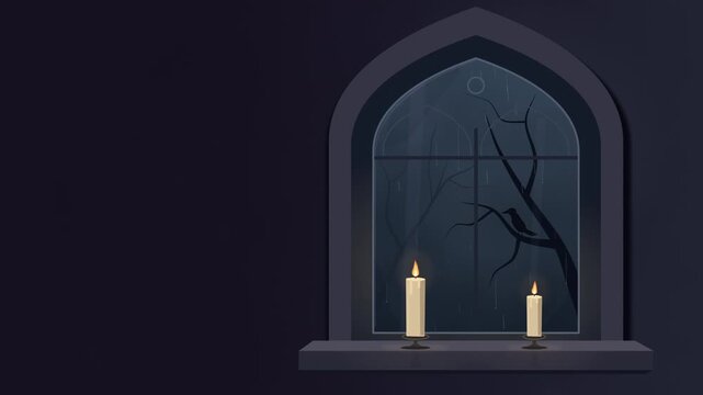 Halloween Gothic Window with Rain and Candles on Seamless Loop