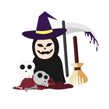 Halloween grim reaper character wearing witch hat standing with skulls and broom against white background in digital illustration graphics vector art