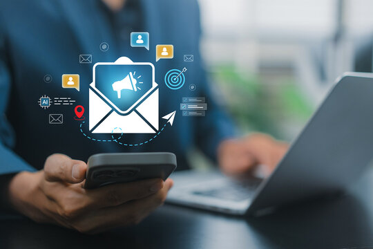Email Marketing Campaign with Mobile Customer Communication, Audience Targeting and Digital Promotion Interface for Business Engagement, Personalized Outreach and Marketing Automation Strategy