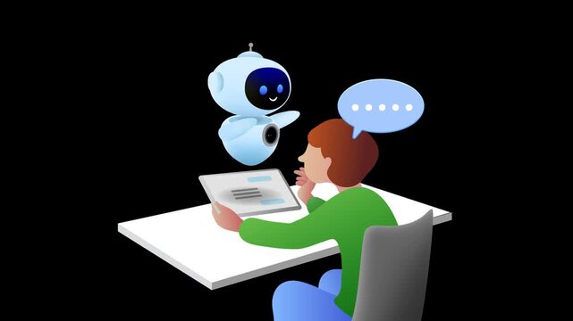 child learning with ai robot assistant, educational 4k loop animation, transparent background