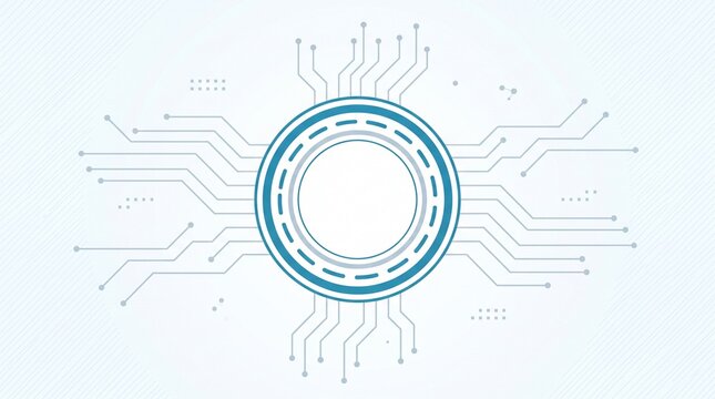 Futuristic teal circuit board design with a central circular ring emblem, concentric dashed rings, and thin radiating circuit lines ending in small nodes and dots, flat vector tech style, light blue-w