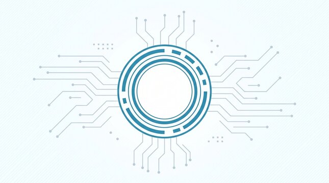 Futuristic teal circuit board design with a central circular ring emblem, concentric dashed rings, and thin radiating circuit lines ending in small nodes and dots, flat vector tech style, light blue-w