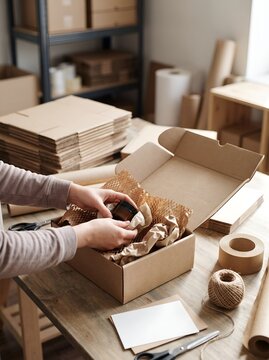 Hands wrapping gift with brown paper and twine