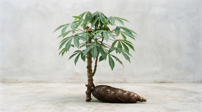 Cassava Plant with Large Tuberous Root on Neutral Background