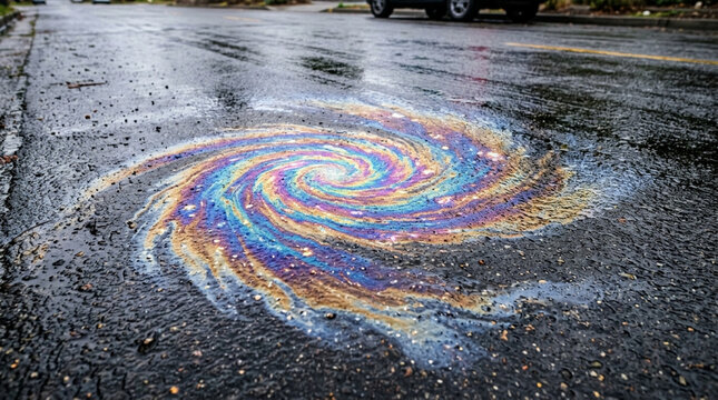 Iridescent Oil Slick Swirl on Wet Asphalt Road
