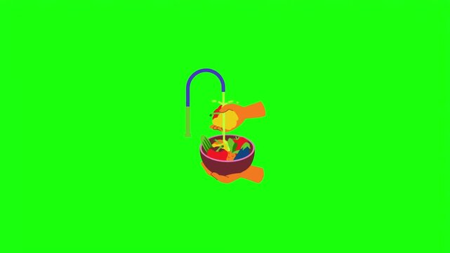 Washing vegetables under running tap water in bowl vector illustration isolated on green screen.   