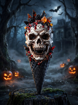 Spooky skull ice cream cone with red syrup and jack-o-lanterns in mist