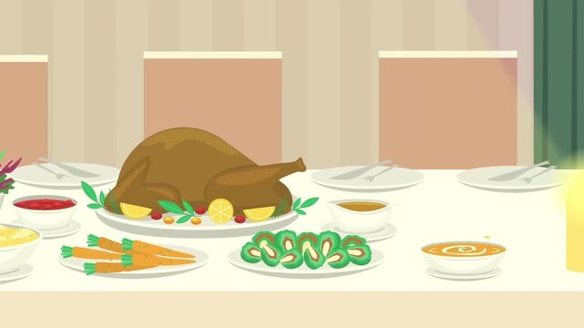 Delicious festive dinner table layout appearing progressively with roasted turkey vegetables salad and gravy in a dining room