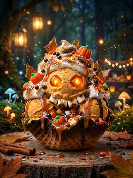 Pumpkin jack-o-lantern ice cream sundae with caramel in autumn forest