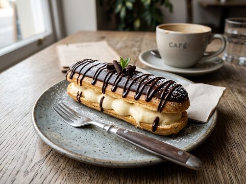 Delicious chocolate eclair with cream filling served on a grey plate with a fork and a cup of coffee on a wooden table in a cozy cafe setting