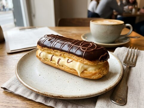 Delicious chocolate eclair pastry with cream filling served on a plate with coffee in a cafe AIzaSyDHMxx5kUTZ1I-49uuPuqWMYd9MqNftmys