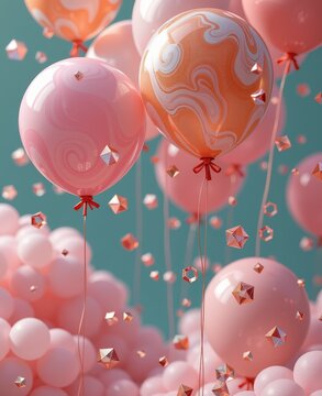 Marble-patterned Pink and Orange Balloons with Geometric Decorations on Blue Background for Celebration