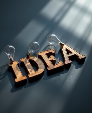 Wooden IDEA letters with incandescent bulbs for innovation education on gray background with copy space