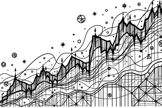 Graphical line chart with abstract geometric shapes showcasing data trends and analysis on background