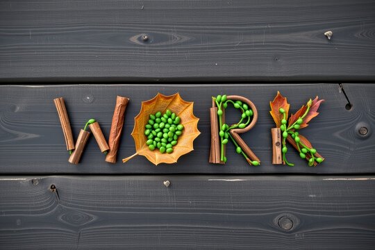 Word composed of natural elements including leaves twigs and berries with autumnal hues