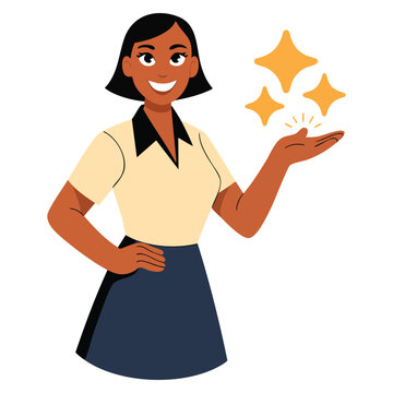 Happy confident business woman presenting sparkling idea and solution with friendly consultant employee concept flat vector illustration isolated