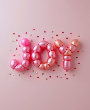 Pink metallic balloons shaped as love letters with festive confetti on pastel pink background