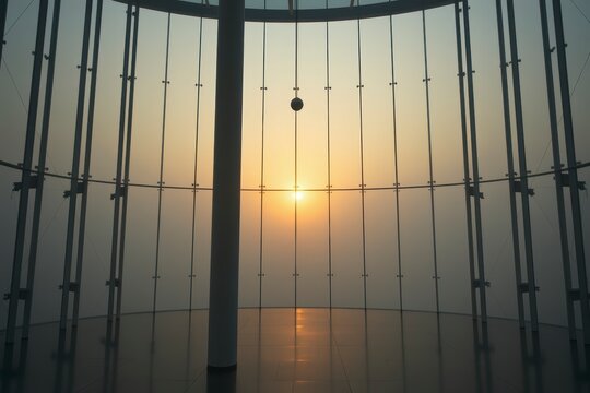Modern glass window overlooking sunset with warm glow and open space