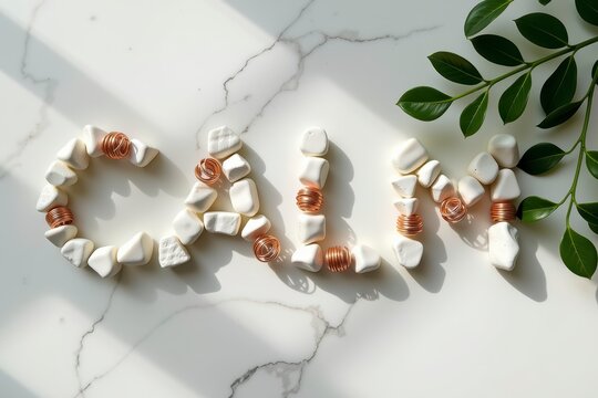Creative word spelling with stones and copper wire on marble background for education or knowledge themes with space for copy