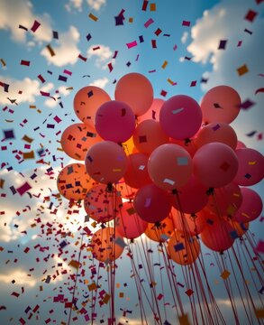 Colorful Balloons with Confetti Celebrating Joy and Festivity Against Sky Background