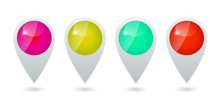 Set of four colorful glossy map pointer location pins transparent background