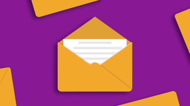 Yellow paper envelopes opening sequentially to reveal important written letters against a solid purple background