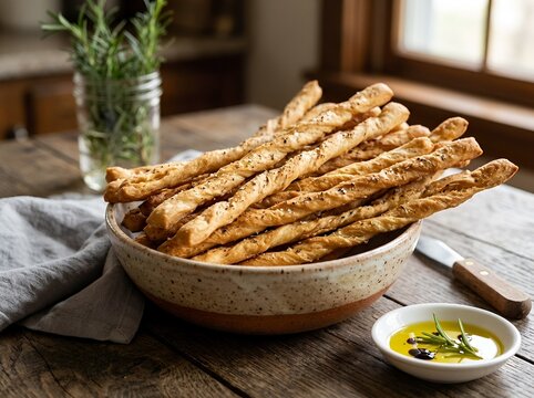 Fresh crispy breadsticks served in a rustic bowl with olive oil dip on a wooden kitchen table
