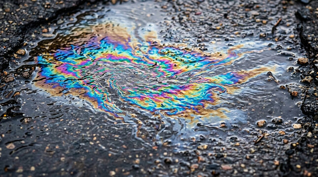 Iridescent Oil Slick Swirls on Wet Asphalt Puddle Macro