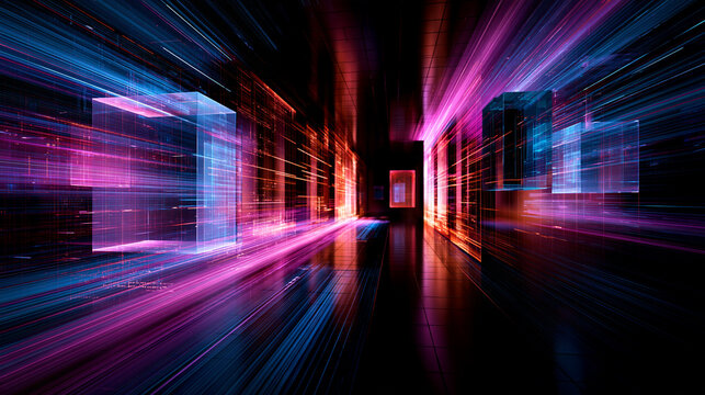 Abstract futuristic digital commerce background, luminous data streams flowing around translucent geometric shopping objects, electric blue and violet lighting, dark reflective environment, cinematic