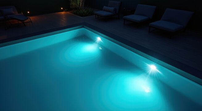 Chairs sitting next to a pool at night