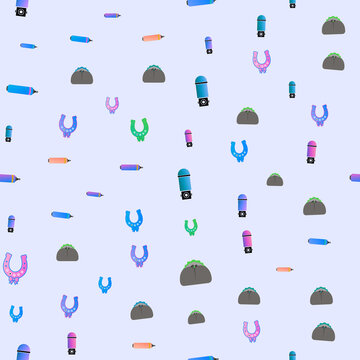 Seamless pattern of horseshoes, cameras, and tacos