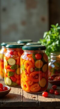 Many jars of pickled vegetables on a table