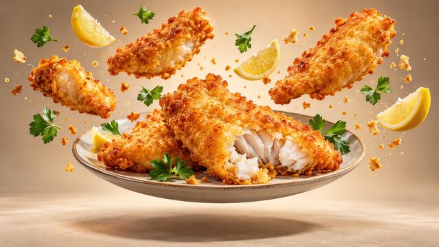 Crispy Fried Fish Fillet Pieces Flying Above Plate with Fresh Lemon and Parsley