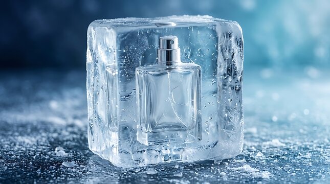 Luxury perfume bottle frozen inside a large clear ice cube for winter