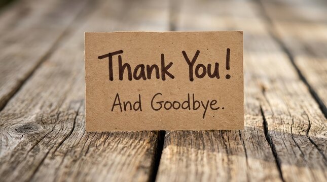 Handwritten thank you and goodbye message on brown paper card resting upon rustic wooden boards