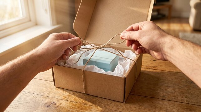 Hands Unboxing Parcel with Small Gift Box on Wooden Table