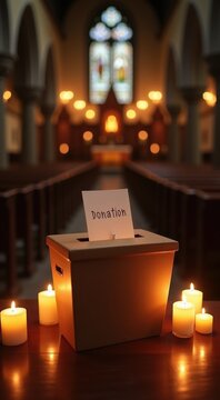 Candles are lit in a church with a donation sign on it