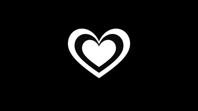 Minimalist white nested heart icon appearing on a solid black background, representing love, romance, and affection, ideal for Valentine's Day projects, wedding videos, and social media graphics.