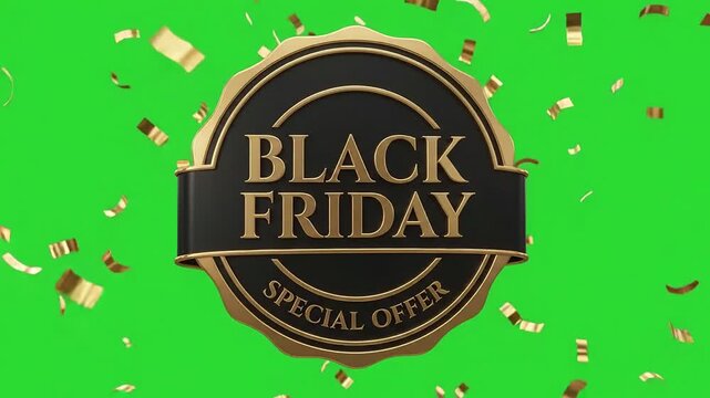 Luxury Gold and Black Metallic Black Friday Badge Animation on Green Screen