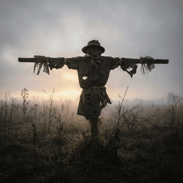 Rustic and Weathered Scarecrow Silhouetted Against the Evening Sky