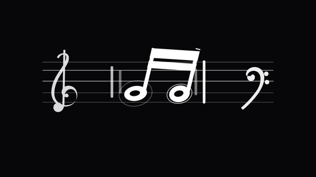 Minimalist white musical notation animation featuring treble clef, bass clef, and beamed eighth notes on a pentagram staff, isolated on a solid black background for audio and concert projects.