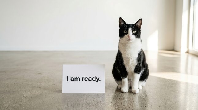 Black and white tuxedo cat sitting upright next to a message sign on concrete floor
