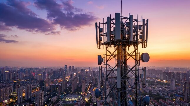 Telecommunication tower standing tall against glowing sunset sky overlooking large modern cityscape during dusk