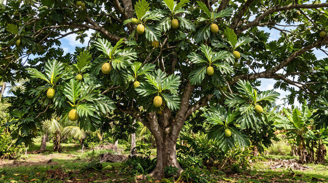 The breadfruit tree bears fruit and is found in many areas of Southeast Asia.