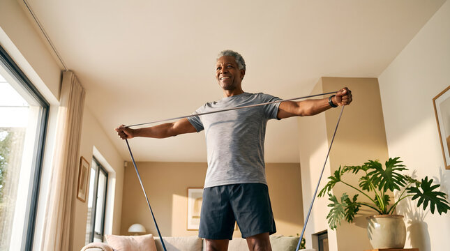 Senior man doing resistance band workout at home in morning light